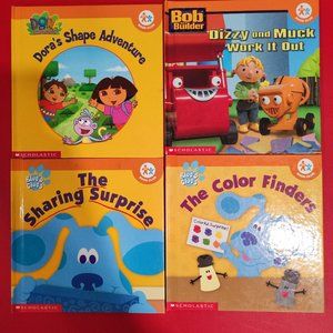 4 Scholastic hardcover books 2 Blue, Bob the builder, Dora the explorer